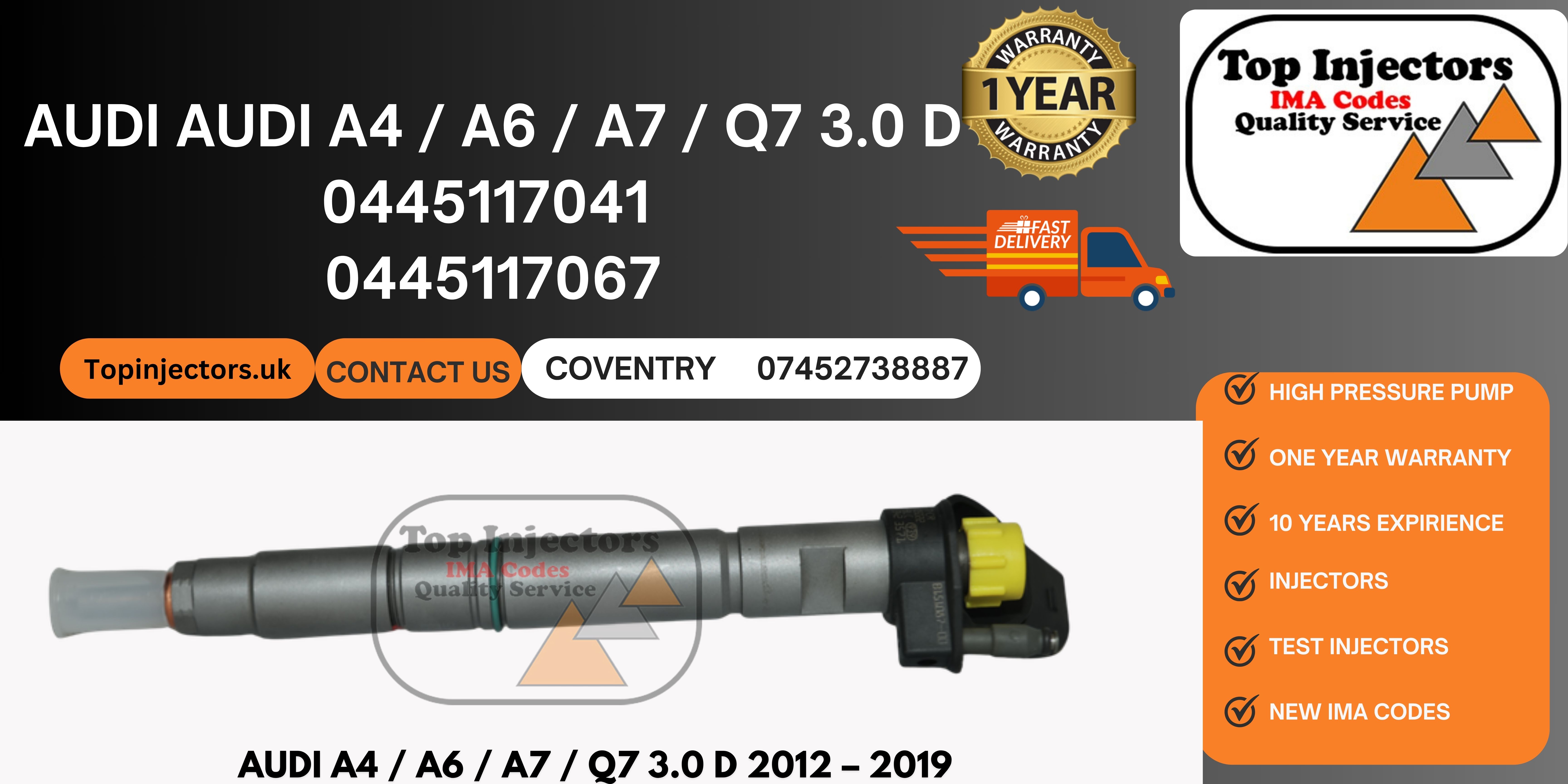 Bosch Injector 0445117067 059130277ED Audi A4 A5 A6 A7 Q7 3.0 TDI Reconditioned