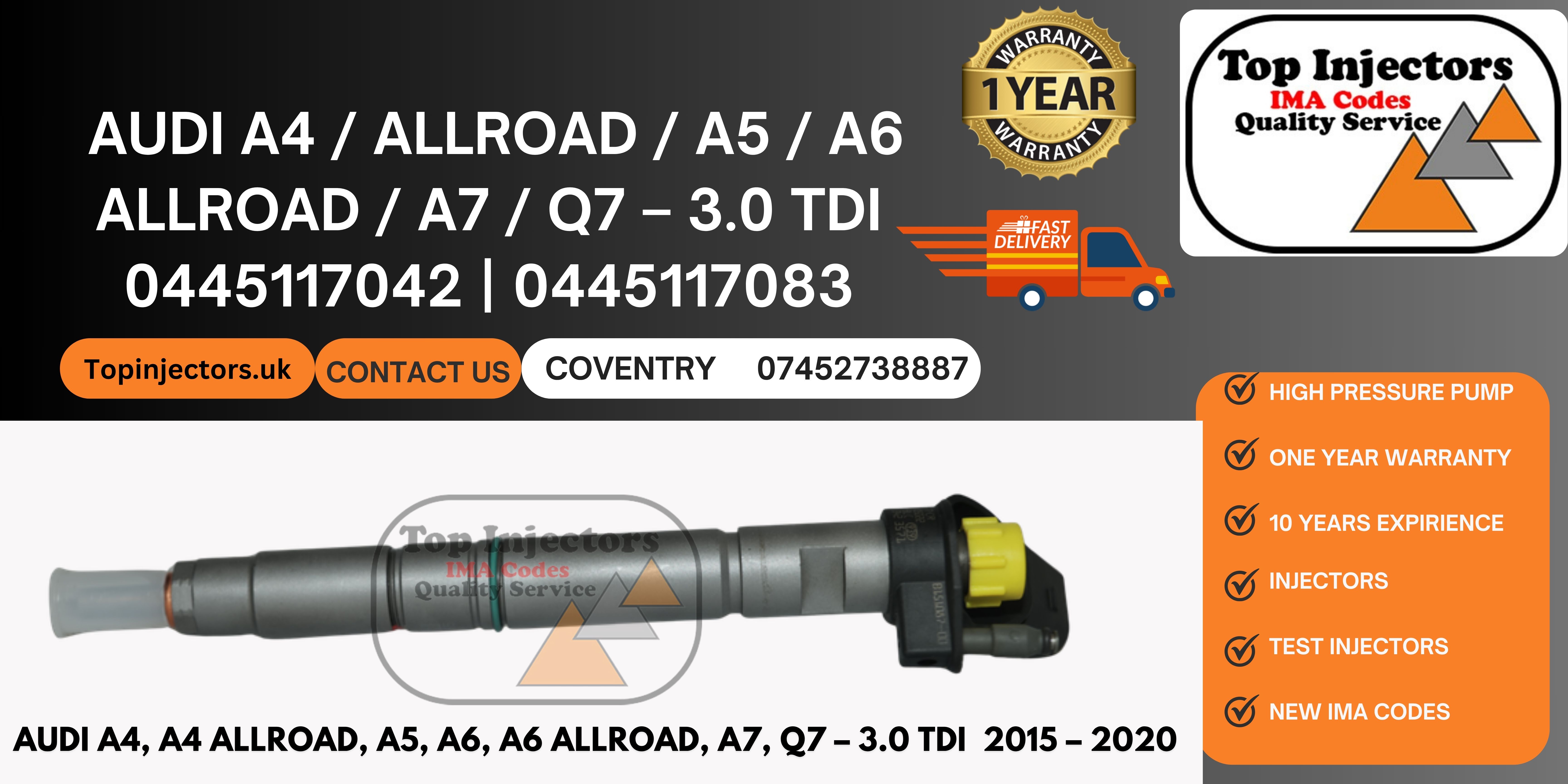 Bosch Injector 0445117042 0445117083 Audi VW 3.0 TDI 059130277CR Reconditioned