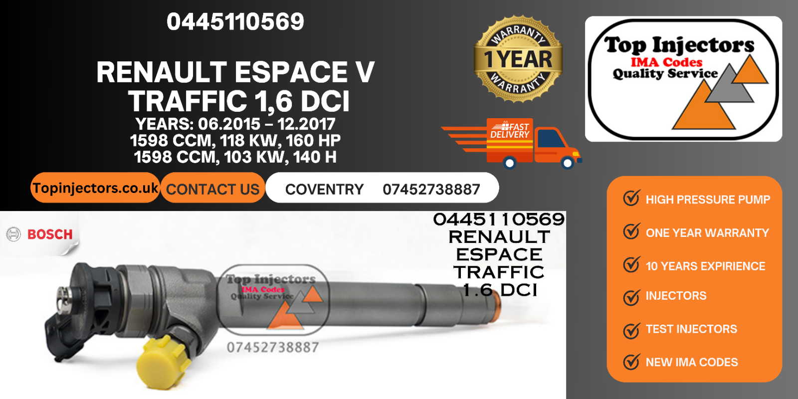Injector 0445110569 RENAULT Espace V, TRAFFIC 1,6 DCI, VAUXHALL VIVARO 1.6