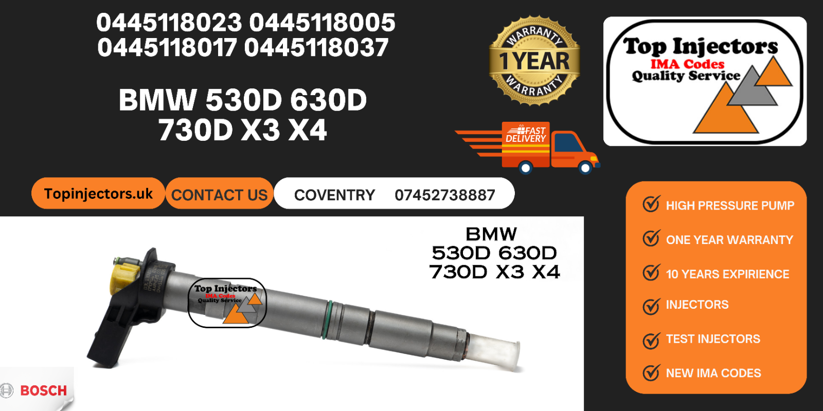 Injector 0445118023 0445118005 0445118017 0445118037 BMW 530d 630d 730d X3 X4