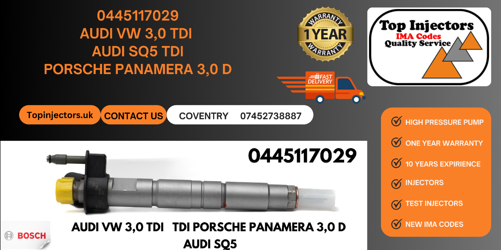 Porsche Panamera 3.0 TDI 2013-2016 Bosch Diesel Injector 0445117029 0986435431