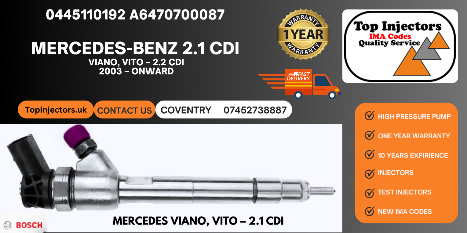 0445110192 A6470700087 Mercedes Vito Viano 2.1 CDI Remanufactured Injector