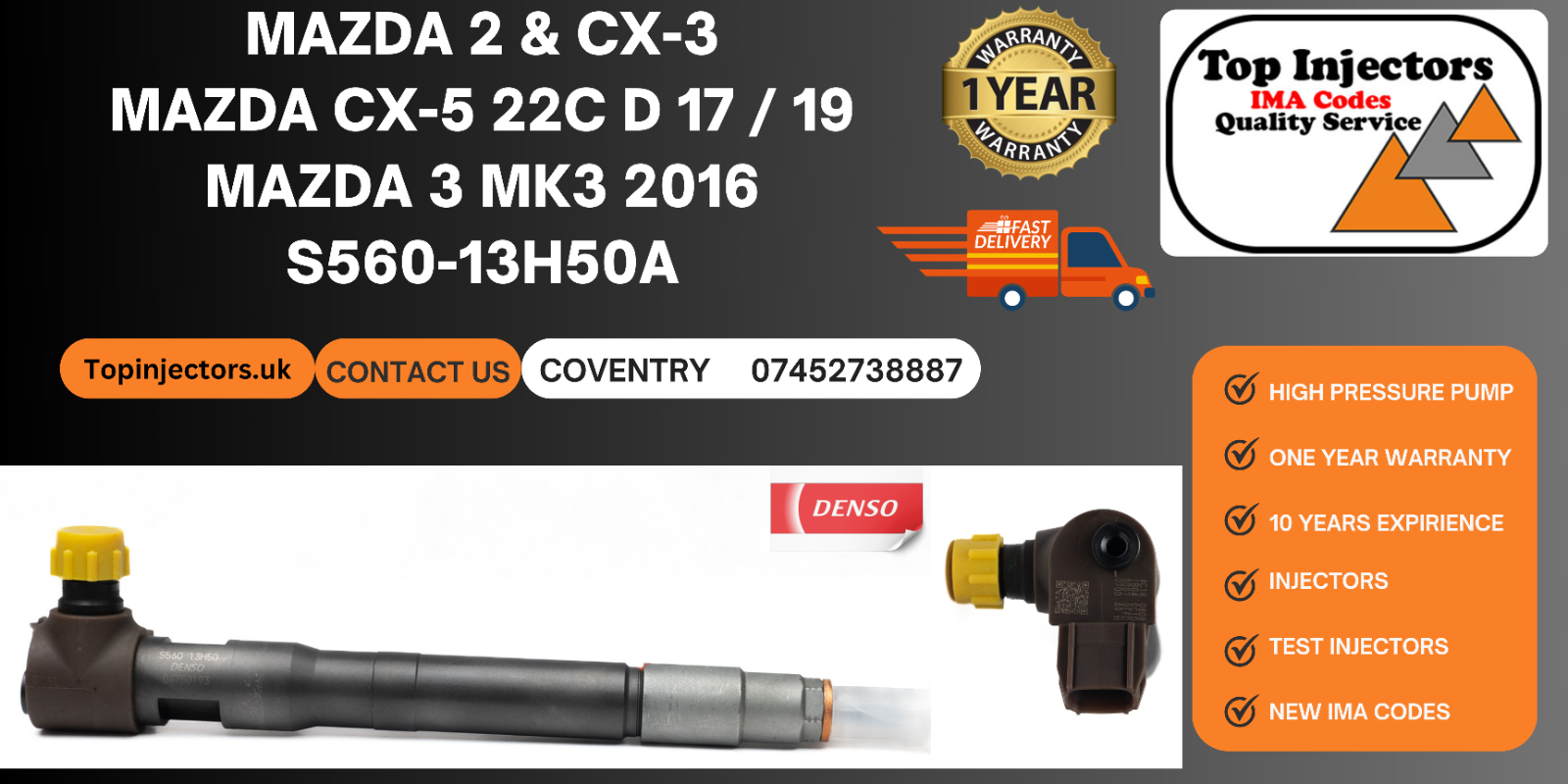 Mazda C-X3 Denso EU6 1.5 SkyActiv Diesel Injektor S560-13H50A 972957-0021 x1