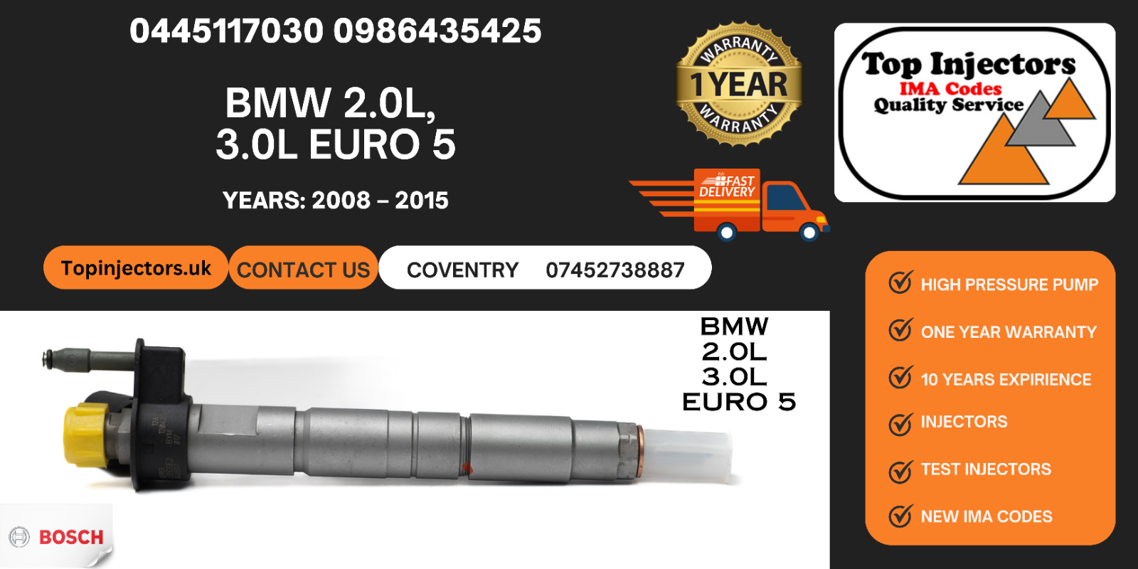 Injector 0445117030 0986435425  BMW 2.0D 3.0D Engine N47 D20C ,155, 160, 230 kW