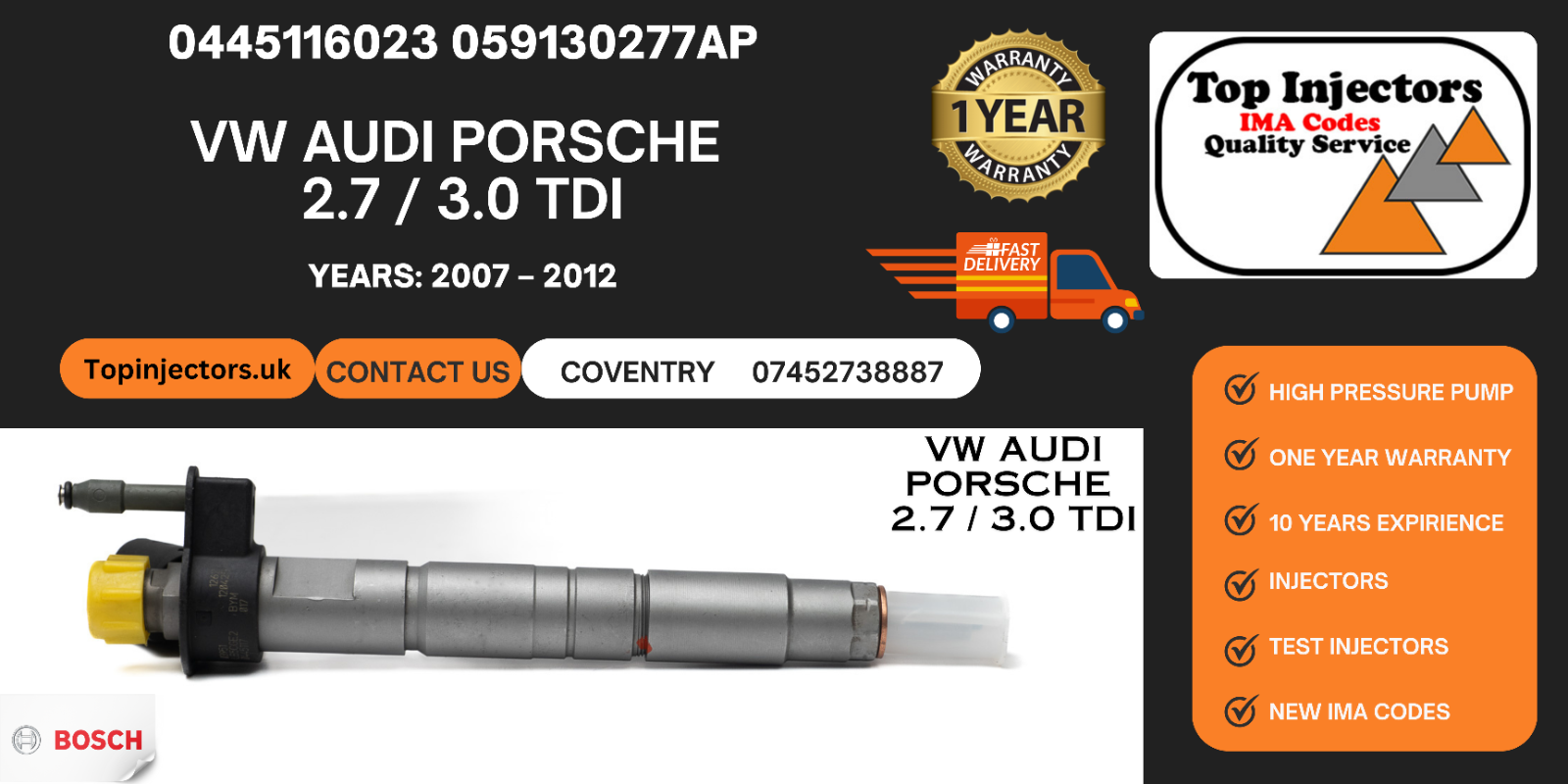 0445116023 059130277AP VW Audi Porsche 2.7 / 3.0 TDI Diesel Refurbished Injector