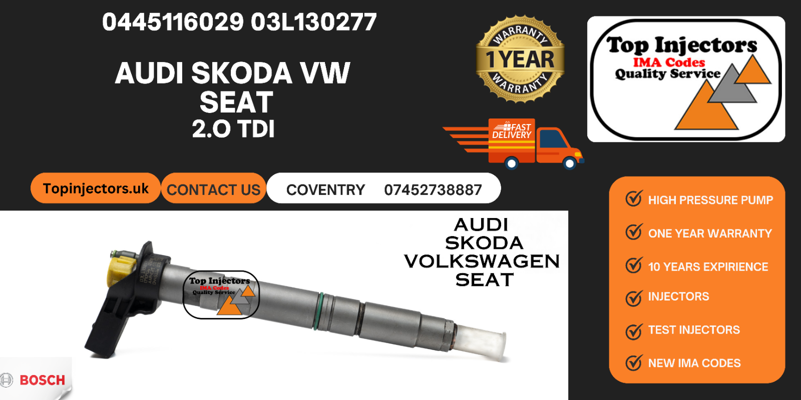 injector 03L130277 VW Audi Seat Skoda 2.0 TDI 0445116029