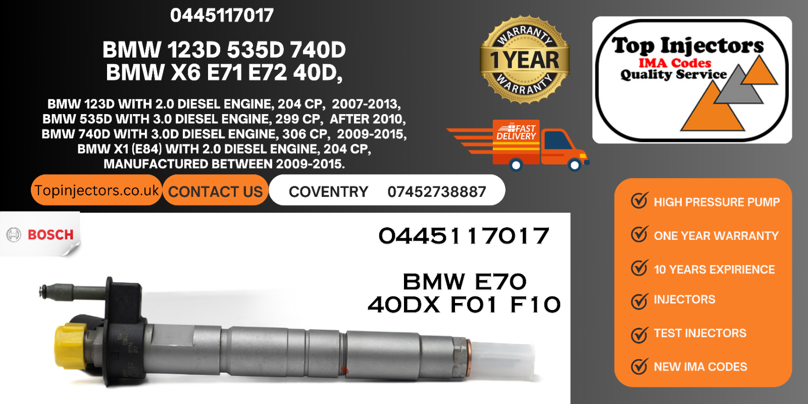 Bosch Fuel Injector 0445117017 0445117001 For BMW E70 40dX F01 F10