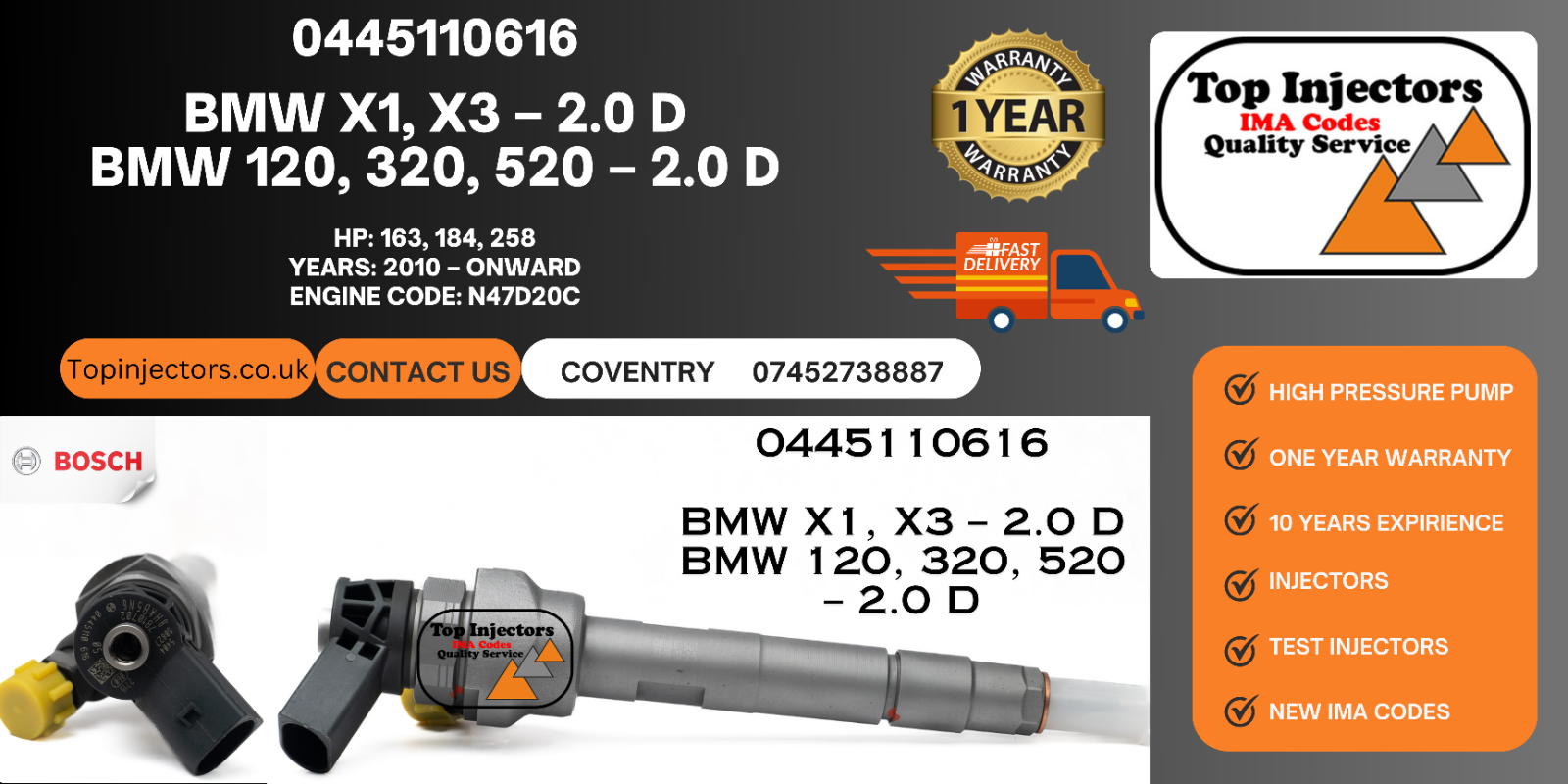 Bosch 0445 110 616 Injector  For BMW X1, X3 – 2.0 d BMW 120, 320, 520 – 2.0 d