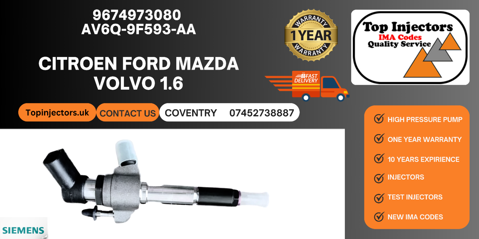 OEM Peugeot Fuel Injector Citroen Ford Mazda Volvo 1.6 Diesel 9802448680